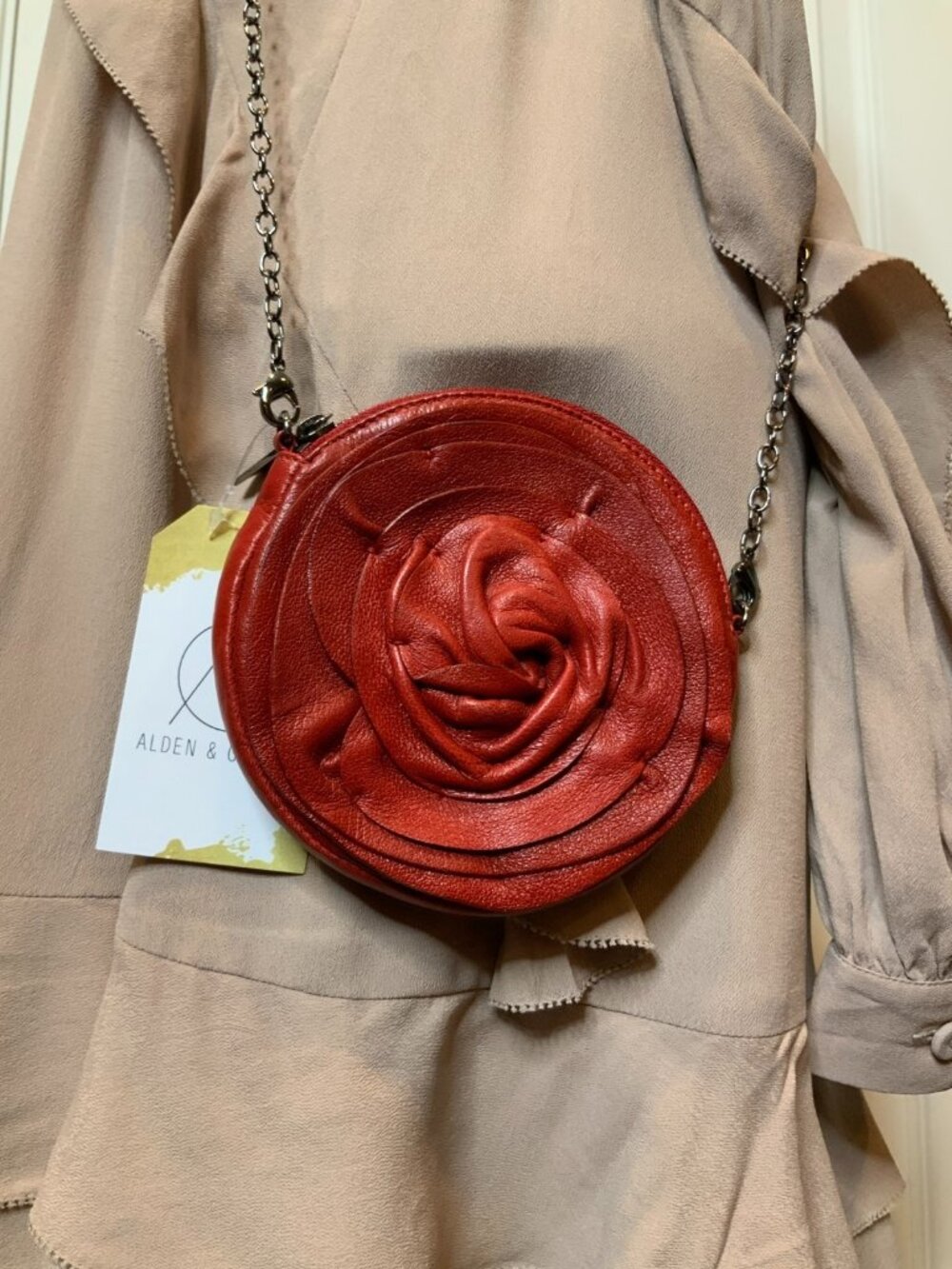 Valentino Vintage Nappa Red Leather Rose Crossbody Chain Bag Mini Purse
